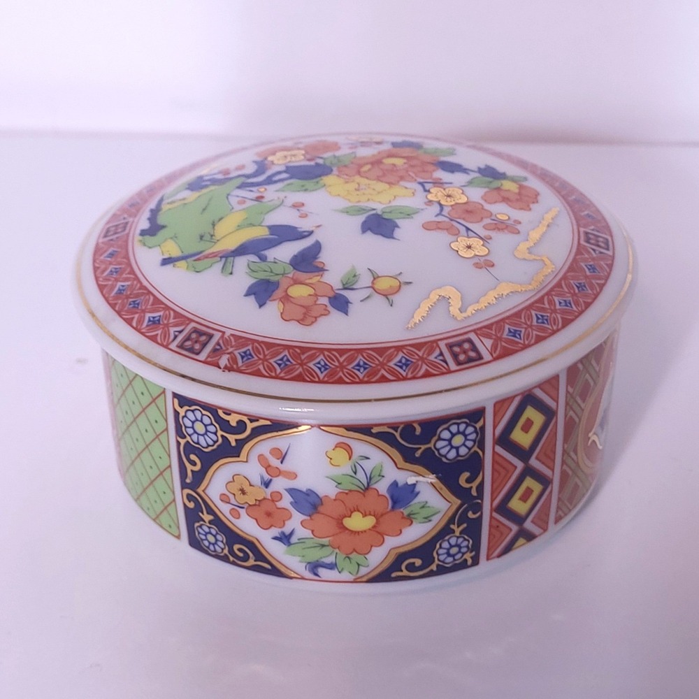 Vintage UCC Japan Porcelain Trinket Box Imari Style Floral Bird Lidded Jar